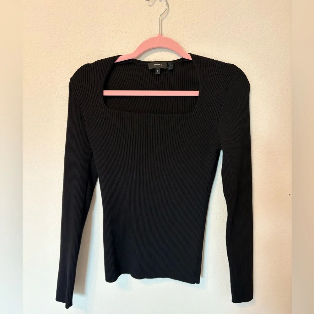 Theory Black Square Neck Portrait Evian Long Sleeve Top Largr - Picture 1 of 7